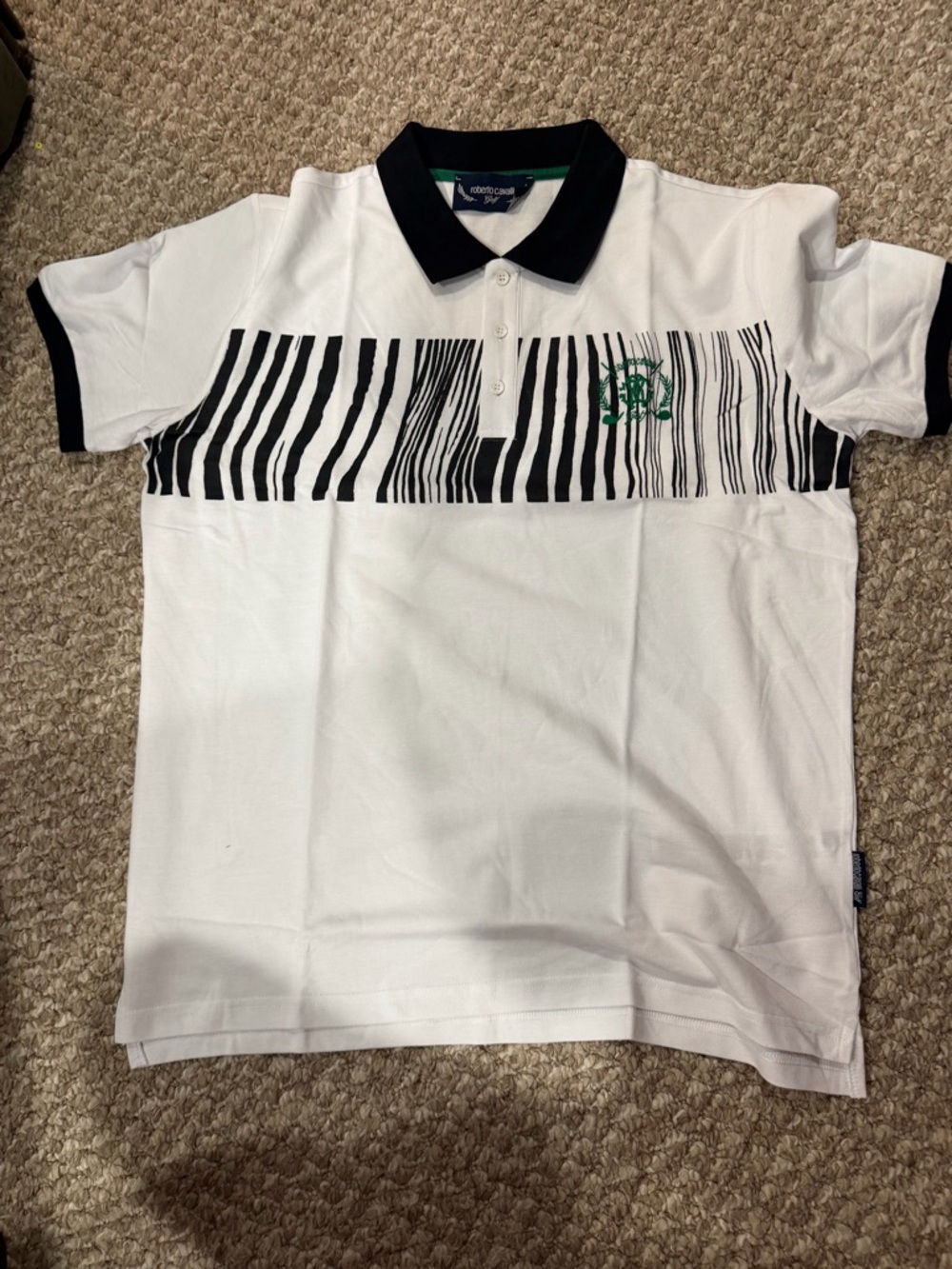 Roberto Cavalli White Polo with Black Stripe Barcode Detail